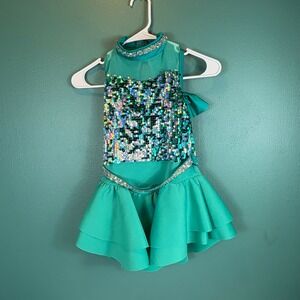 Girls Teal Sequin Dance Costume Dress Leotard Skirt & Bow MC Weisman Style 14160